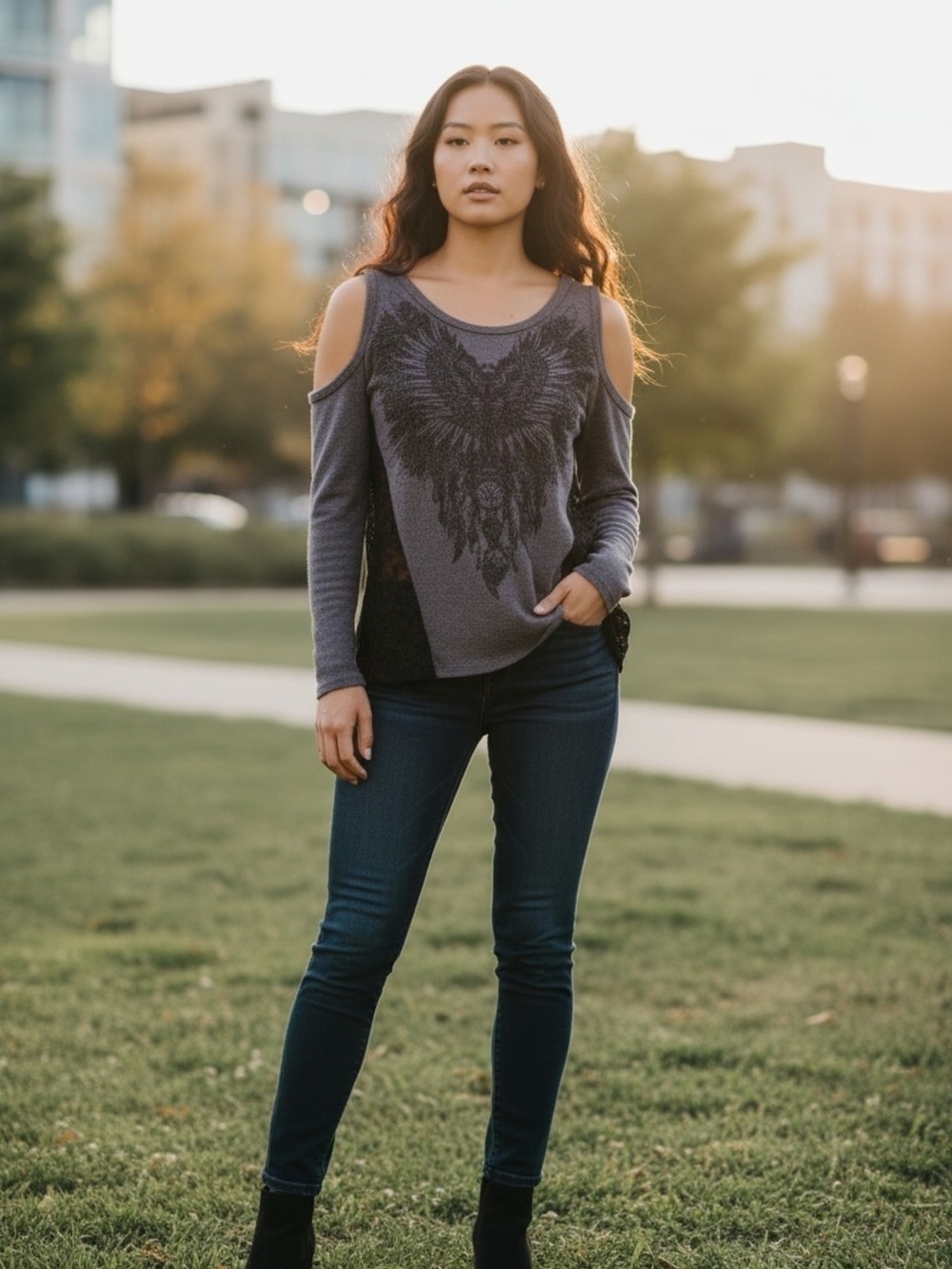 Vocal Women's Cold-Shoulder Graphic Top in Charcoal Gray